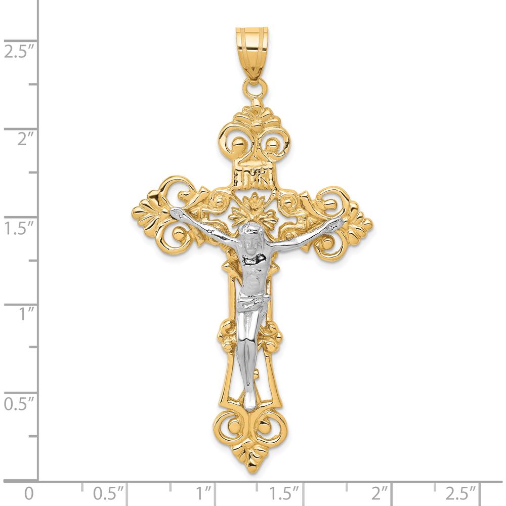 10K Two-Tone Gold INRI Fleur De Lis Crucifix Pendant - Solid Religious Jewelry
