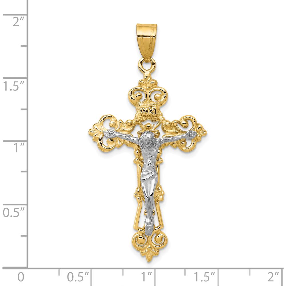 10K Two-Tone Gold INRI Fleur De Lis Crucifix Pendant with Polished Finish