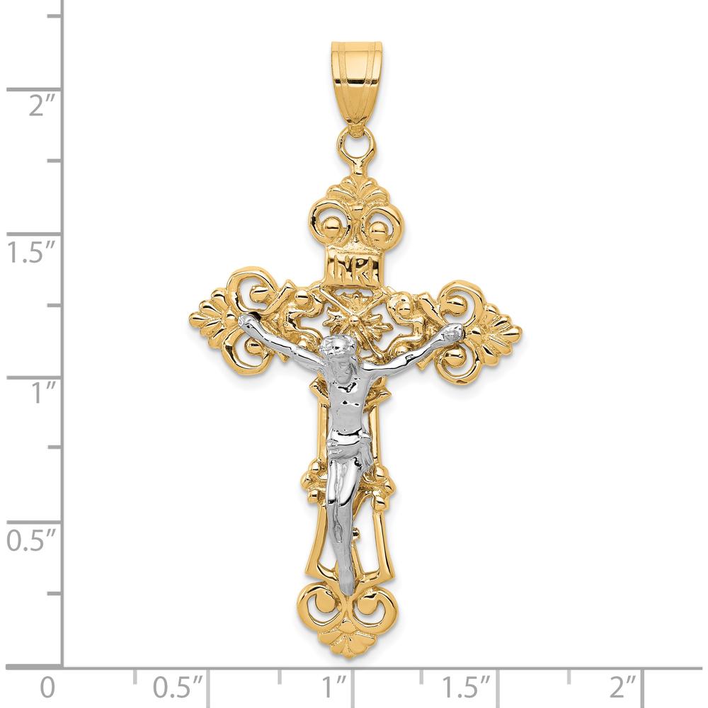 10K Two-Tone Gold INRI Fleur De Lis Crucifix Pendant with Polished Finish - 57mm Length
