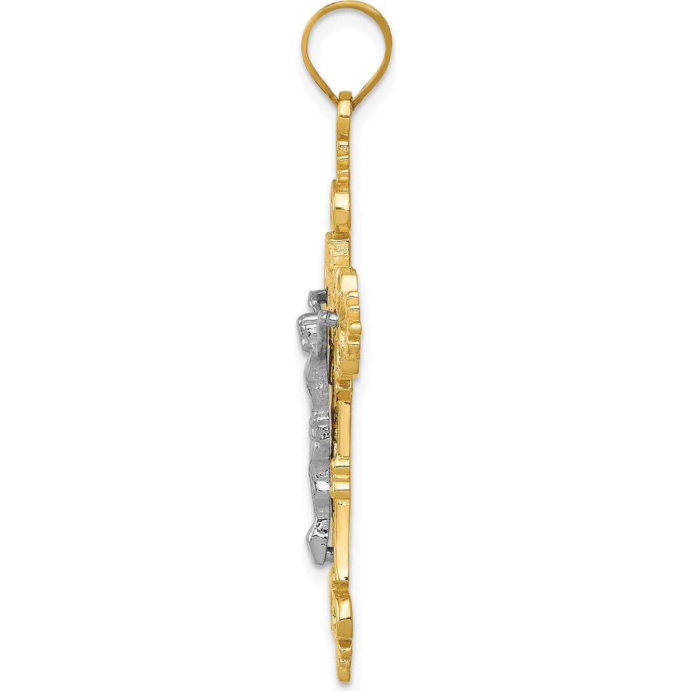 10K Two-Tone Gold Lacey-edged INRI Crucifix Pendant - 43mm Length