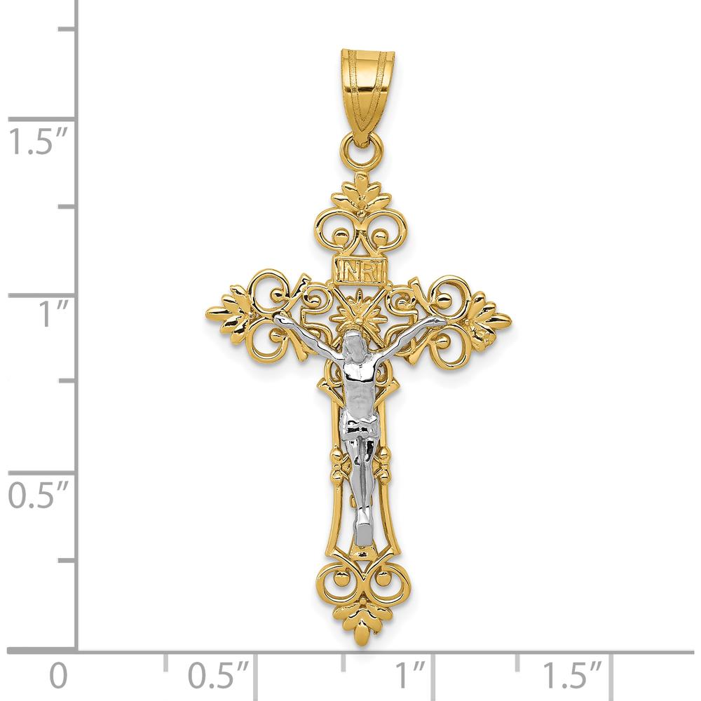 10K Two-Tone Gold Lacey-edged INRI Crucifix Pendant - 43mm Length