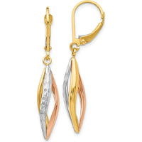 10K Two-Tone Gold Leverback Diamond-cut Drop Earrings with Rhodium Accents
