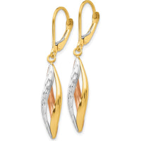 10K Two-Tone Gold Leverback Diamond-cut Drop Earrings with Rhodium Accents