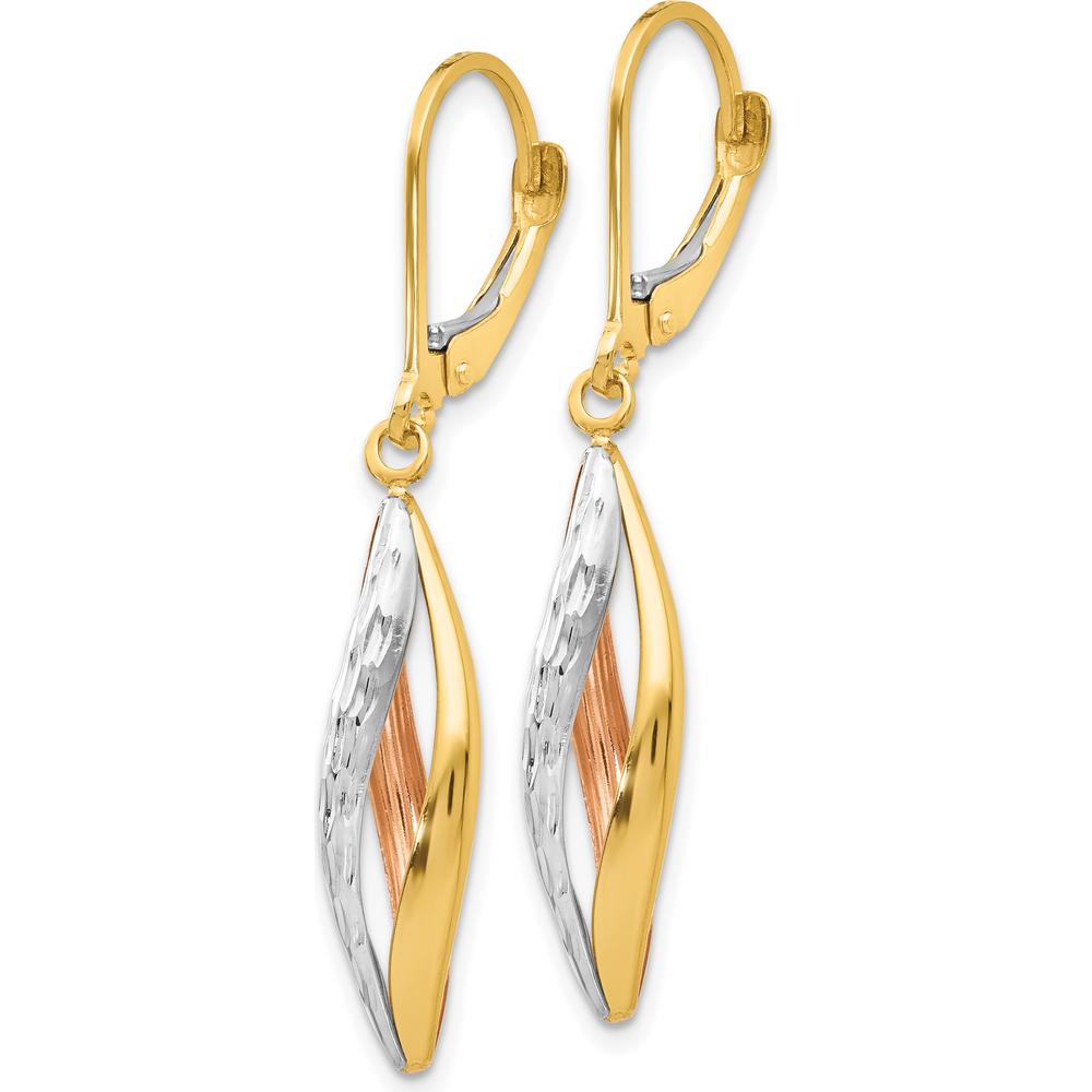 10K Two-Tone Gold Leverback Diamond-cut Drop Earrings with Rhodium Accents