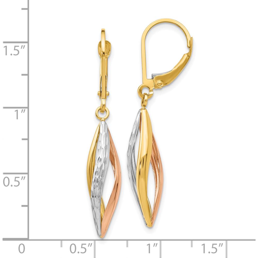 10K Two-Tone Gold Leverback Diamond-cut Drop Earrings with Rhodium Accents