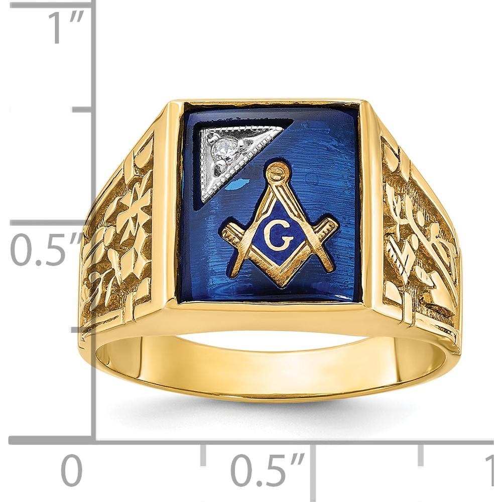 10K Two-Tone Gold Masonic Ring with Lab Created Blue Sapphire and Diamond - 0.015 Carats Diamond, 12x10mm Sapphire by IBGoodman