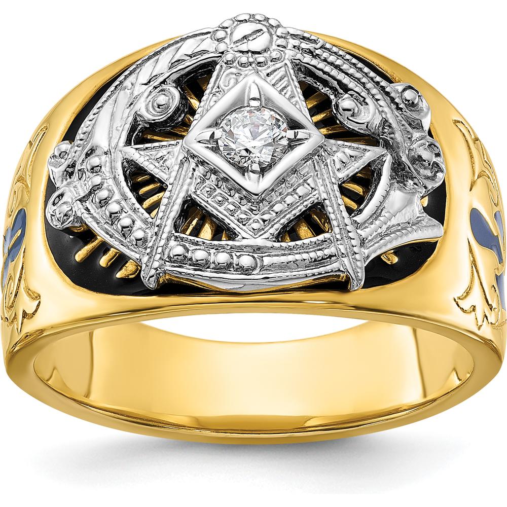 10K Two-Tone Gold Masonic Ring with Round Diamond - 0.115 Carat Total Diamond Weight