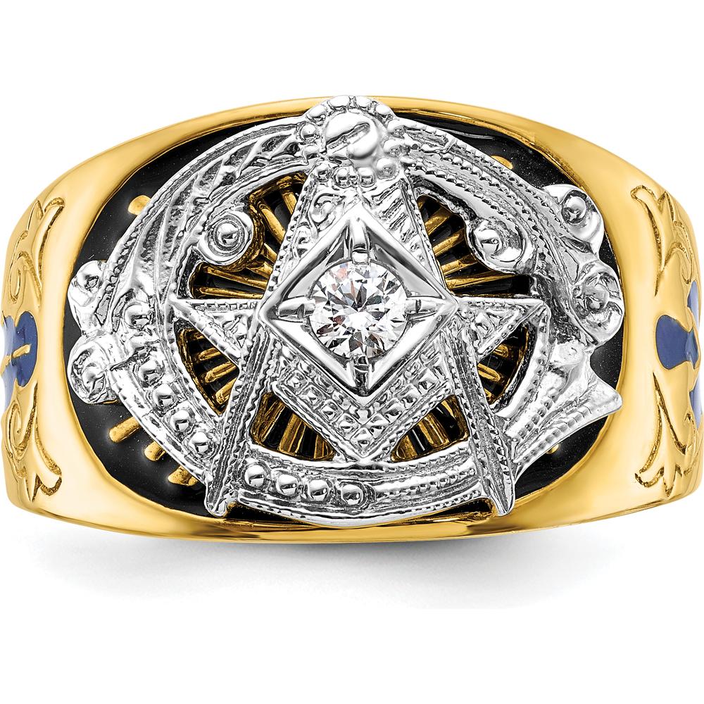 10K Two-Tone Gold Masonic Ring with Round Diamond - 0.115 Carat Total Diamond Weight