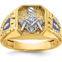 10K Two-Tone Gold Men’s Polished and Textured Masonic Ring with Round Diamonds - 0.06 Carats Total Diamond Weight by IBGoodman