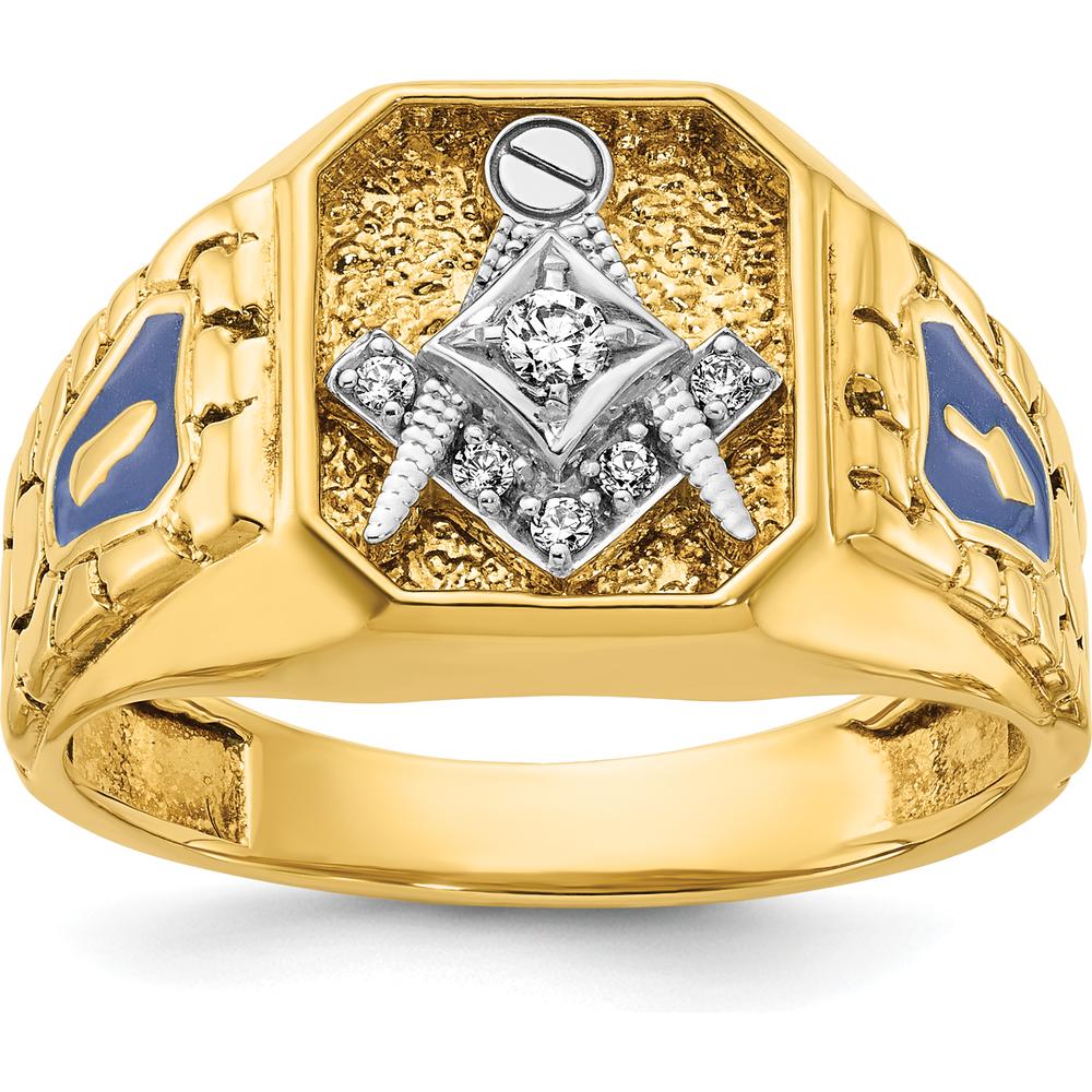 10K Two-Tone Gold Men’s Polished and Textured Masonic Ring with Round Diamonds - 0.06 Carats Total Diamond Weight by IBGoodman