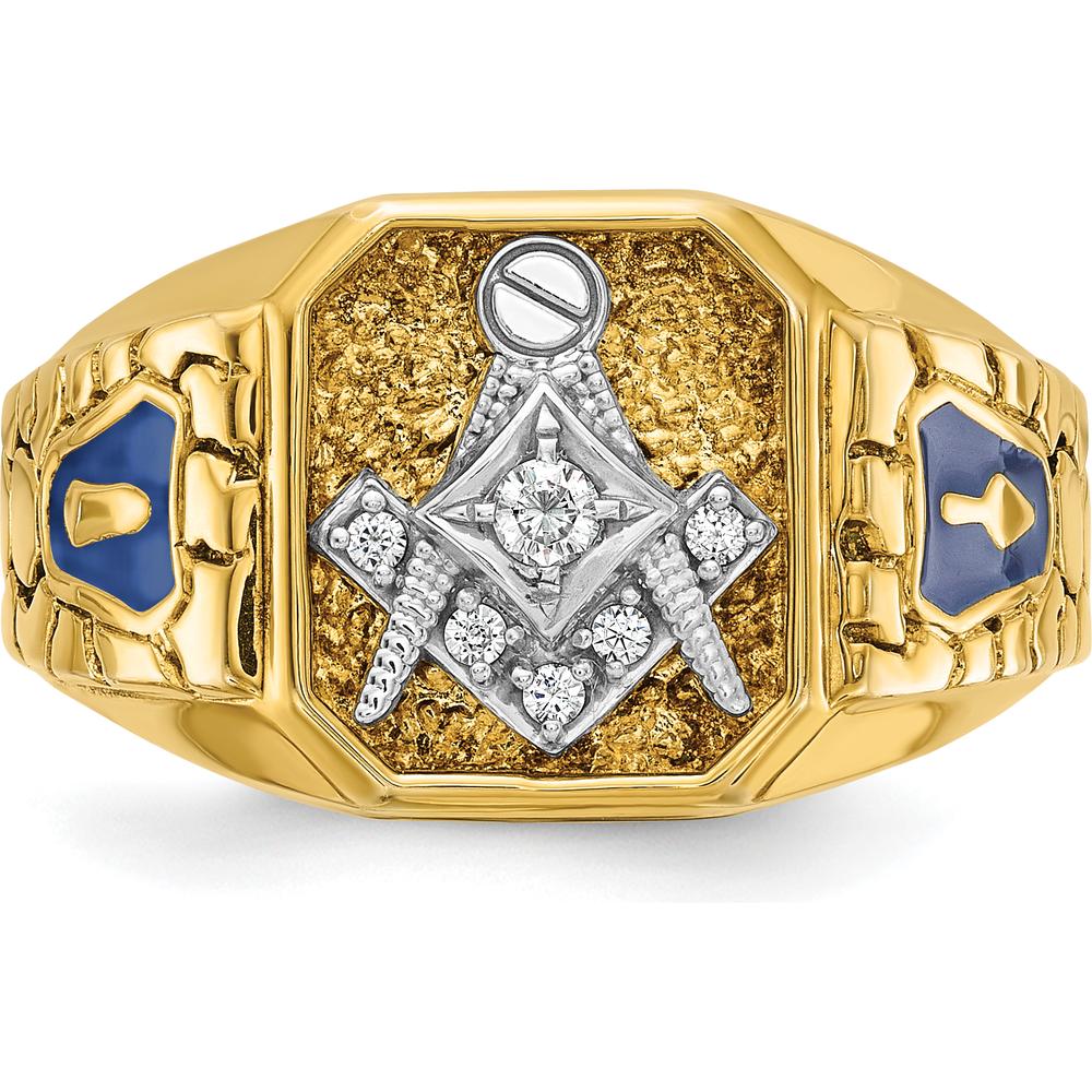10K Two-Tone Gold Men’s Polished and Textured Masonic Ring with Round Diamonds - 0.06 Carats Total Diamond Weight by IBGoodman
