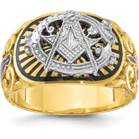 10K Two-Tone Gold Men’s Polished Textured Masonic Ring with Multi-Color Enamel Symbol by IBGoodman