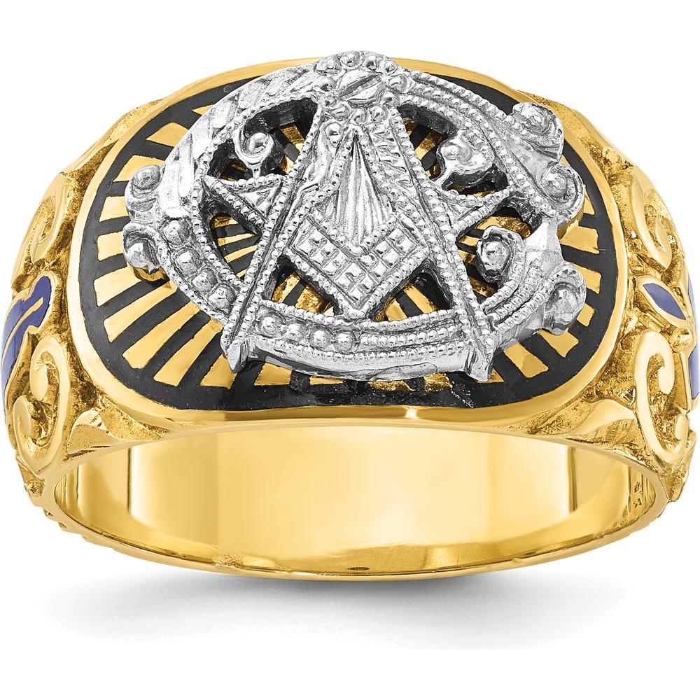 10K Two-Tone Gold Men’s Polished Textured Masonic Ring with Multi-Color Enamel Symbol by IBGoodman