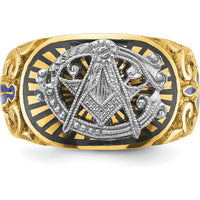 10K Two-Tone Gold Men’s Polished Textured Masonic Ring with Multi-Color Enamel Symbol by IBGoodman