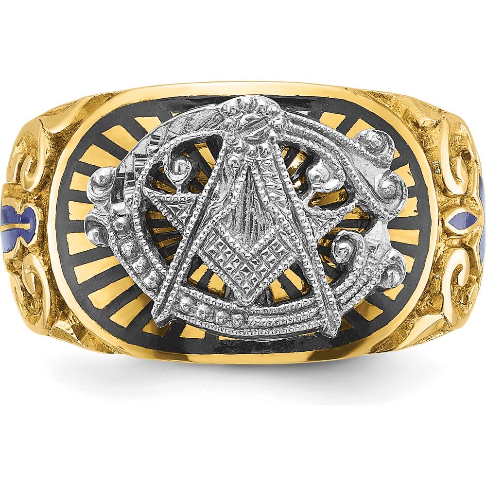 10K Two-Tone Gold Men’s Polished Textured Masonic Ring with Multi-Color Enamel Symbol by IBGoodman
