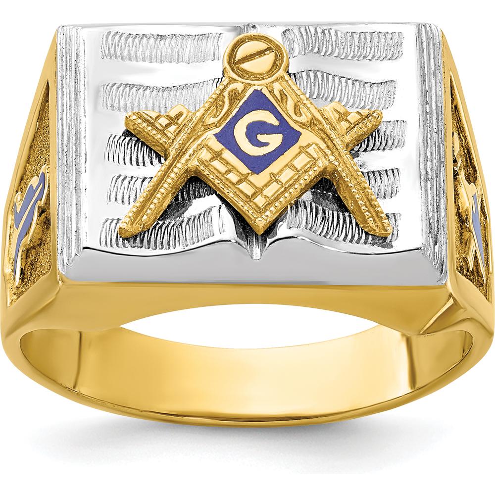 10K Two-Tone Gold Men's Masonic Ring with Blue Enamel Lodge Symbol