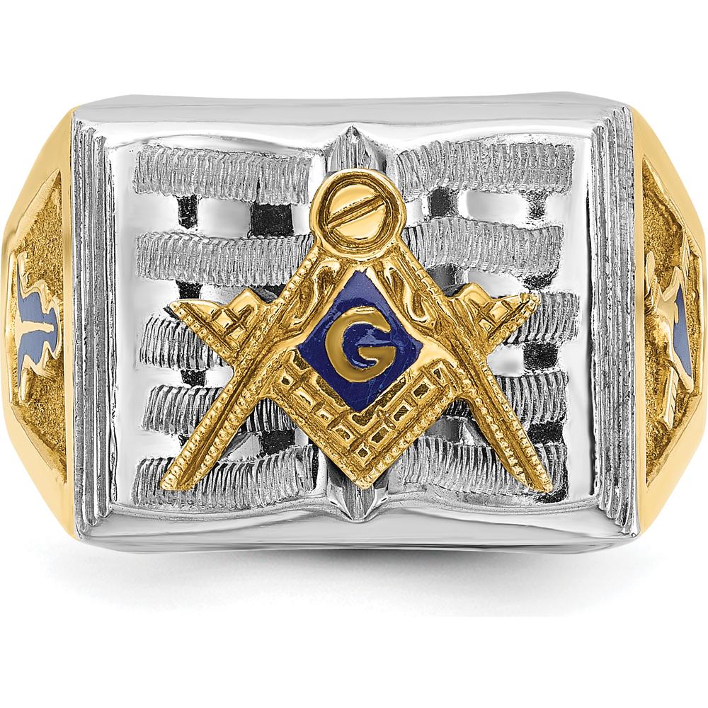 10K Two-Tone Gold Men's Masonic Ring with Blue Enamel Lodge Symbol