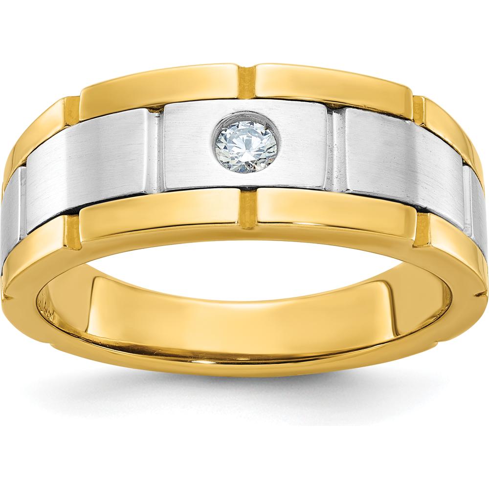 10K Two-Tone Gold Men's Polished Satin Grooved Diamond Ring with Round Diamond - 0.103 Carats Total Diamond Weight by IBGoodman