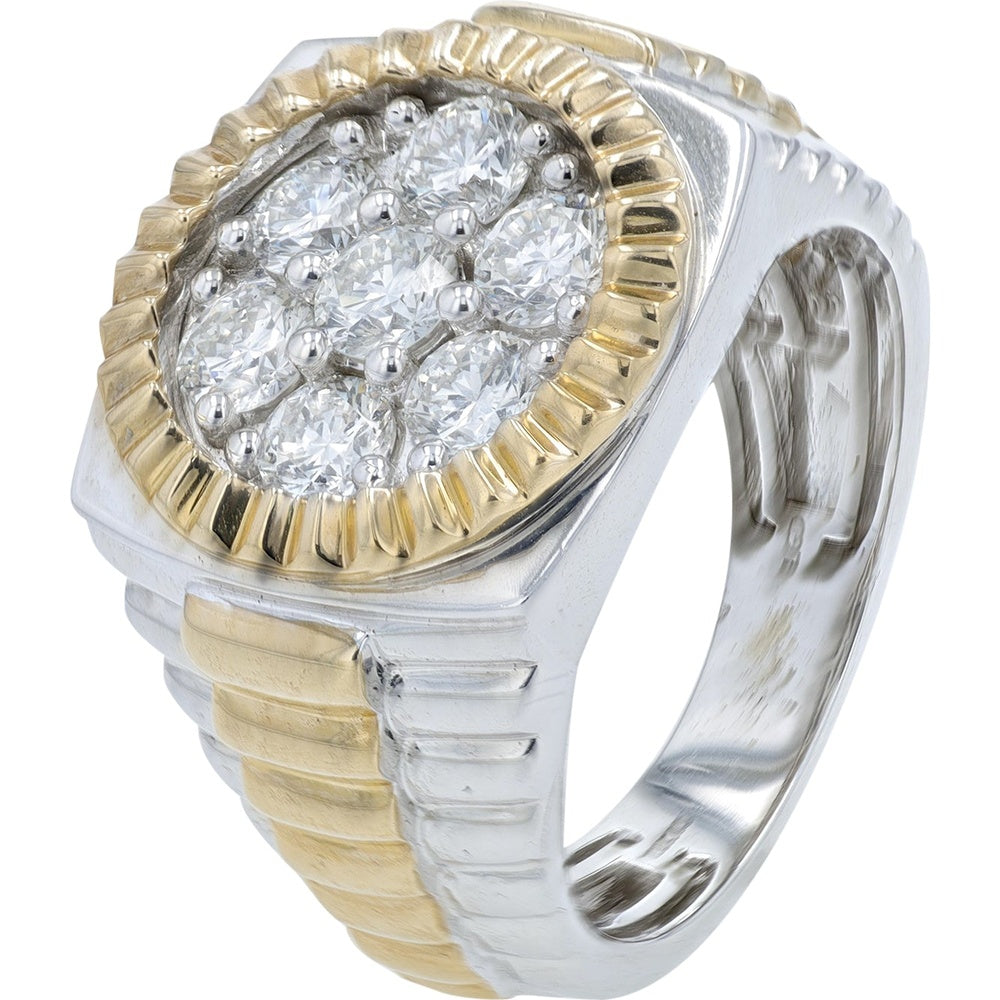 10K Two-Tone Gold Men's Ring with Fluted Yellow Gold Halo and Prong-Set Round Lab Grown Diamond Cluster - 1.75 Carat Total Diamond Weight