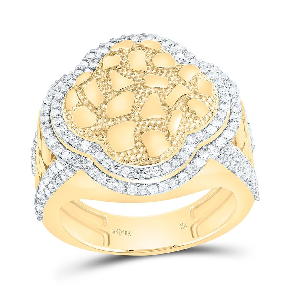 10K Two-Tone Gold Nugget-Style Clover Statement Ring with Round Natural Diamonds - 3/4 Carat Total Diamond Weight