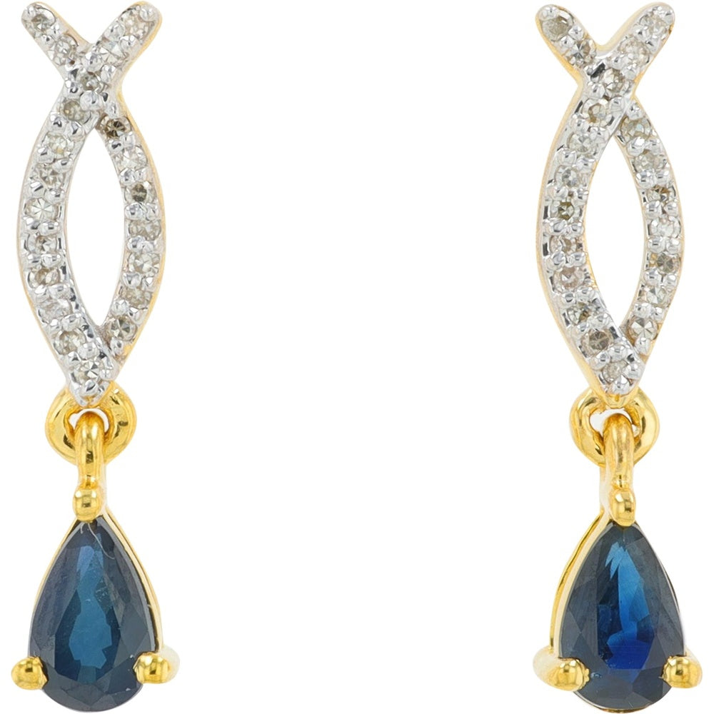 10K Two-Tone Gold Pear-Shaped Sapphire Drop Earrings with Pavé Diamond Accents - 0.50 Carat Total Sapphire Weight and 0.10 Carat Total Diamond Weight