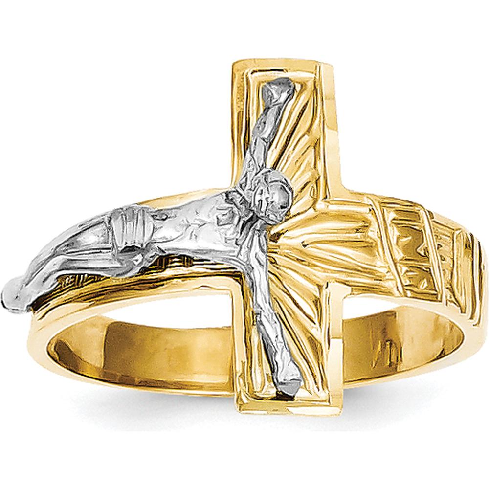 10K Two-Tone Gold Polished & Diamond-Cut Men's Crucifix Ring - 18mm Ring Top Length