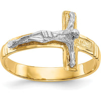 10K Two-Tone Gold Polished Diamond-Cut Men's Crucifix Ring - 15mm Length Top