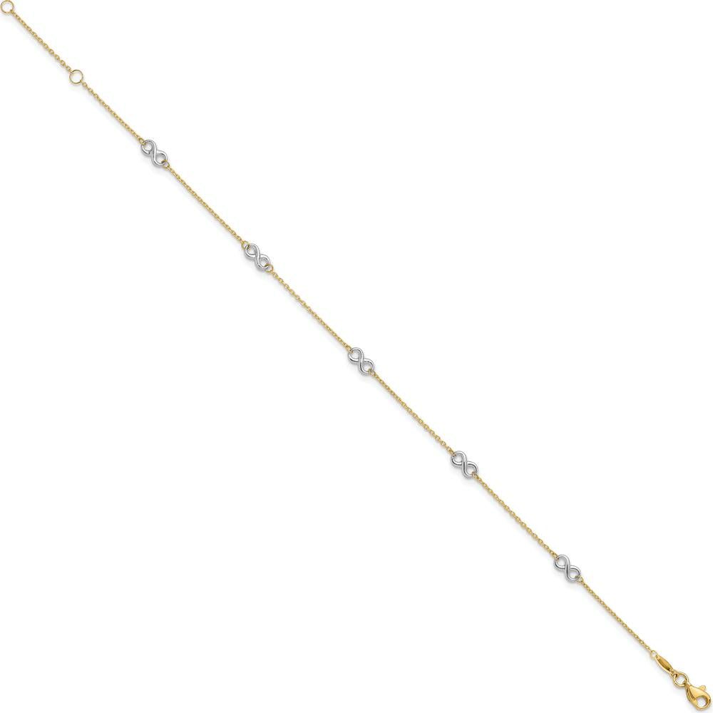 10K Two-Tone Gold Polished Infinity 5-Station Anklet with Adjustable 1" Extender - 10" Length