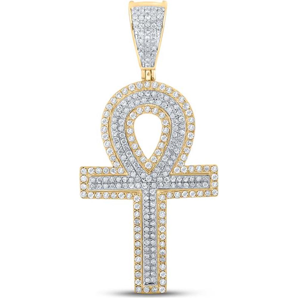 10K Two-Tone Gold Round Diamond Ankh Cross Charm Pendant - 7/8 Carat Total Diamond Weight