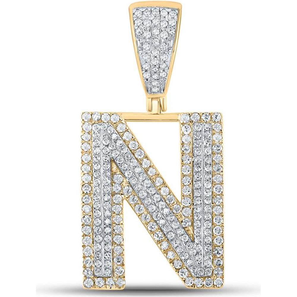 10K Two-Tone Gold Round Diamond Initial N Charm Pendant - 7/8 Carat Total Diamond Weight