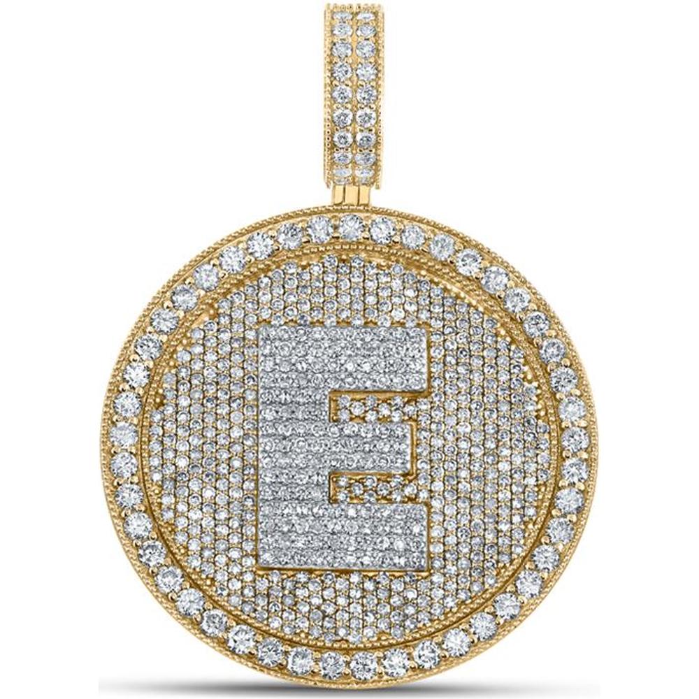10K Two-Tone Gold Round Diamond Letter E Circle Pendant with 4 Carat Total Diamond Weight