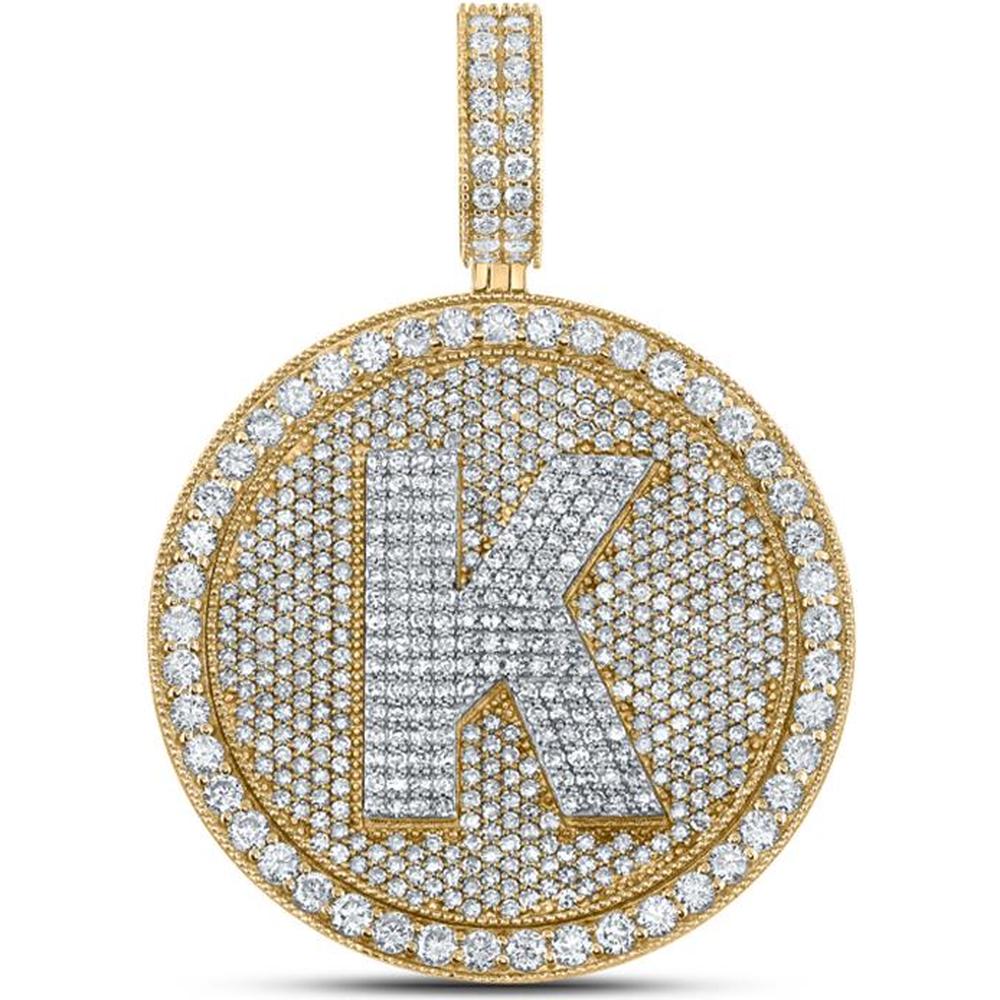 10K Two-Tone Gold Round Diamond Letter K Circle Charm Pendant - 3.75 Carat Total Diamond Weight