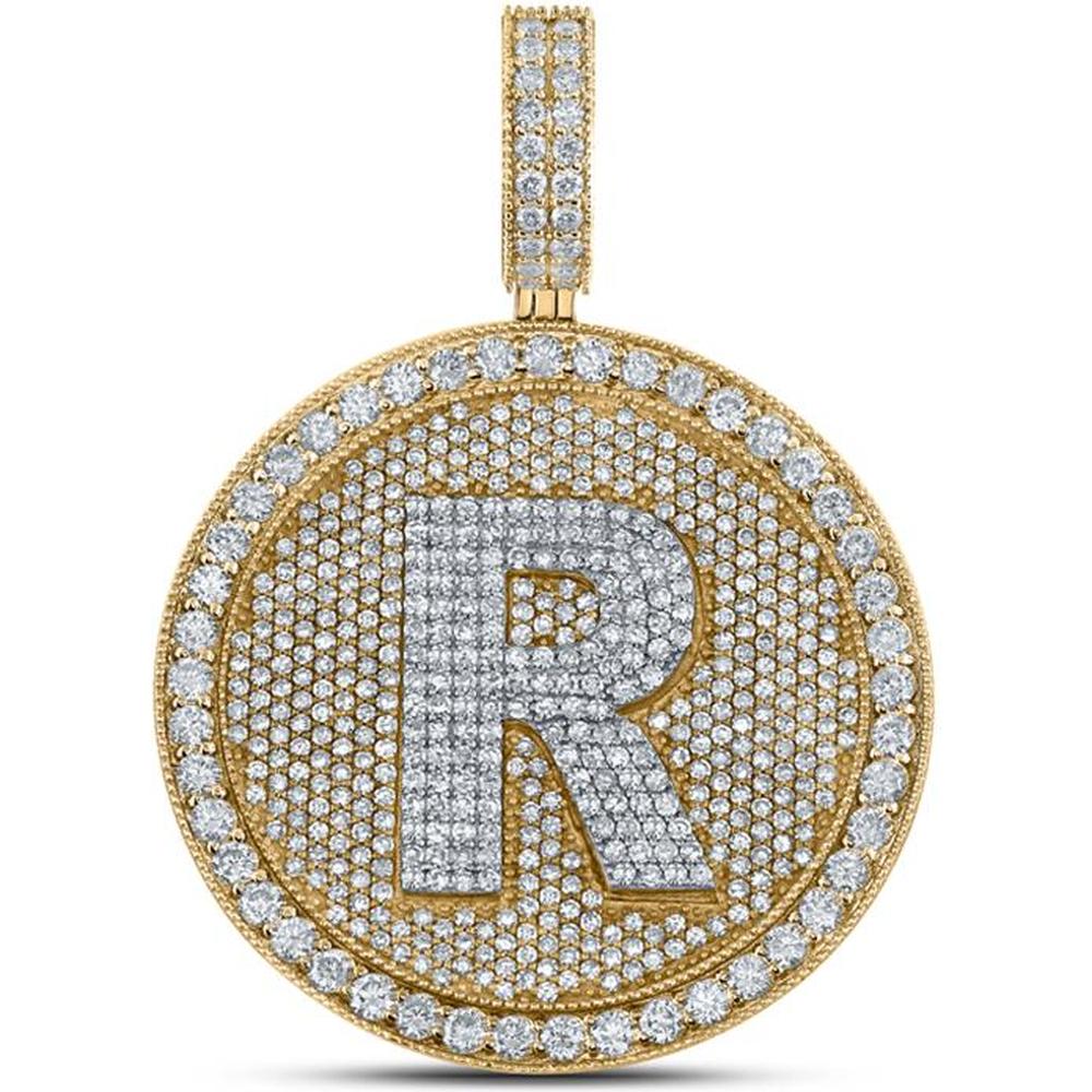 10K Two-Tone Gold Round Diamond Letter R Circle Charm Pendant - 3.75 Carat Total Diamond Weight