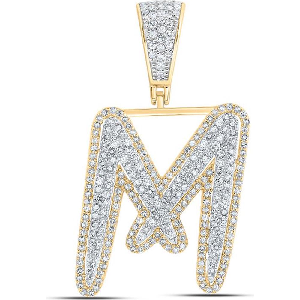 10K Two-Tone Gold Round Diamond "M" Initial Letter Charm Pendant - 1 Carat Total Diamond Weight