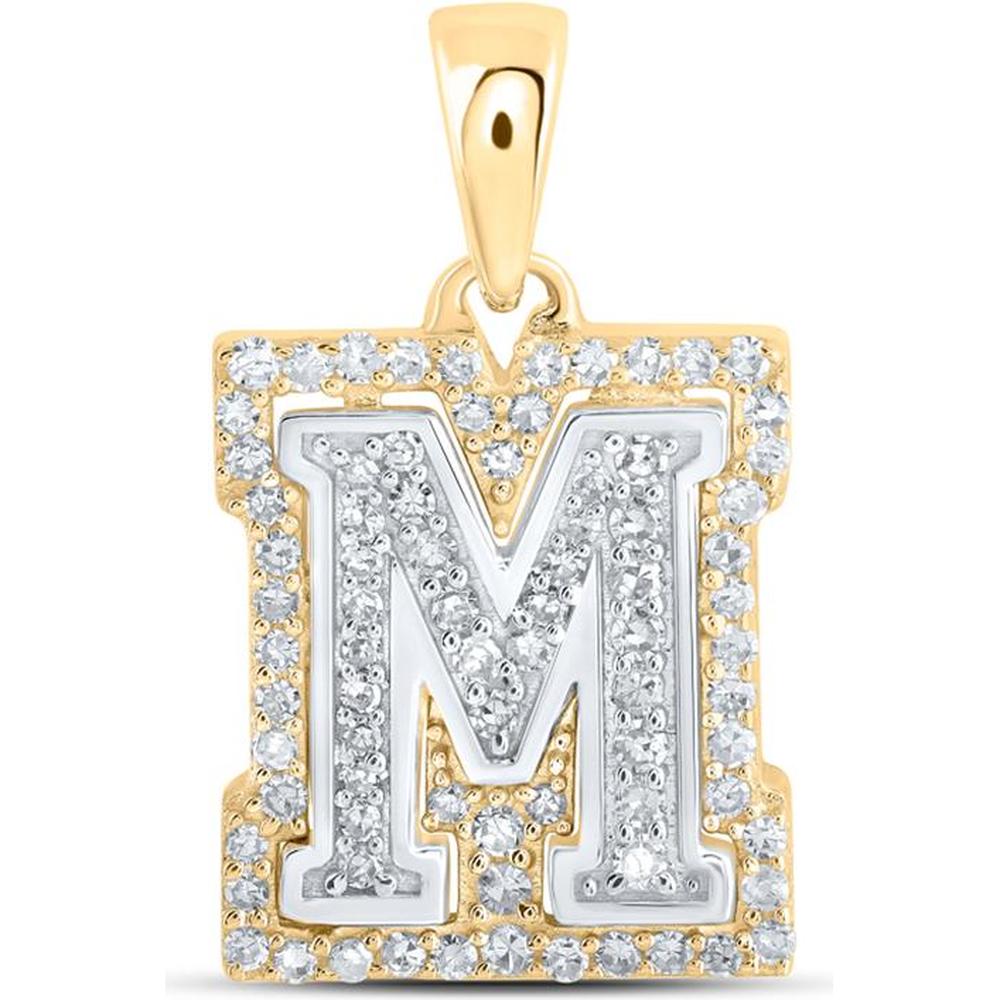10K Two-Tone Gold Round Diamond "M" Initial Letter Pendant - 1/4 Carat Total Diamond Weight