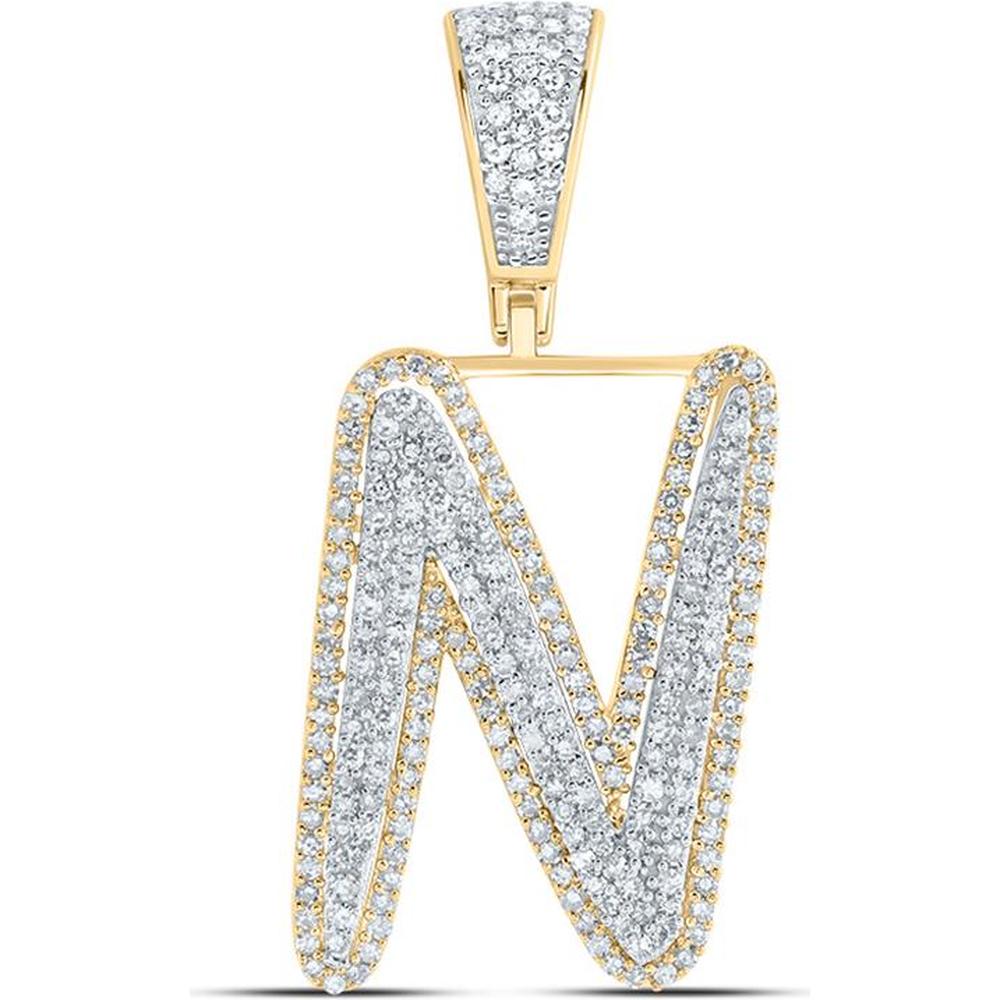 10K Two-Tone Gold Round Diamond "N" Initial Letter Charm Pendant - 7/8 Carat Total Diamond Weight