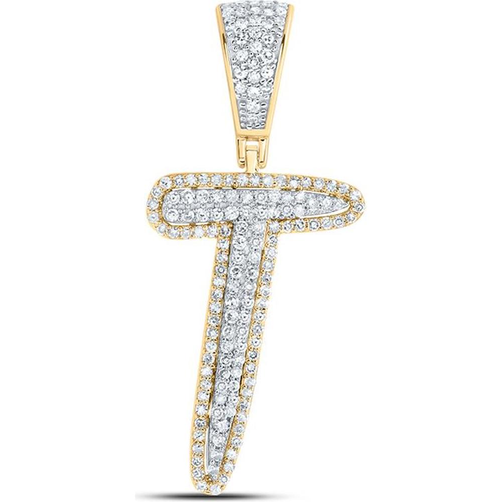 10K Two-Tone Gold Round Diamond T Initial Letter Charm Pendant - 1/2 Carat Total Diamond Weight