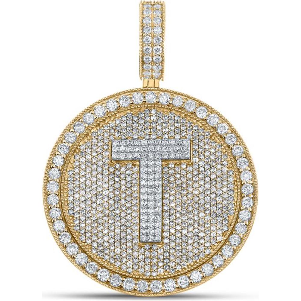 10K Two-Tone Gold Round Diamond T Letter Circle Charm Pendant - 3.84 Carat Total Diamond Weight