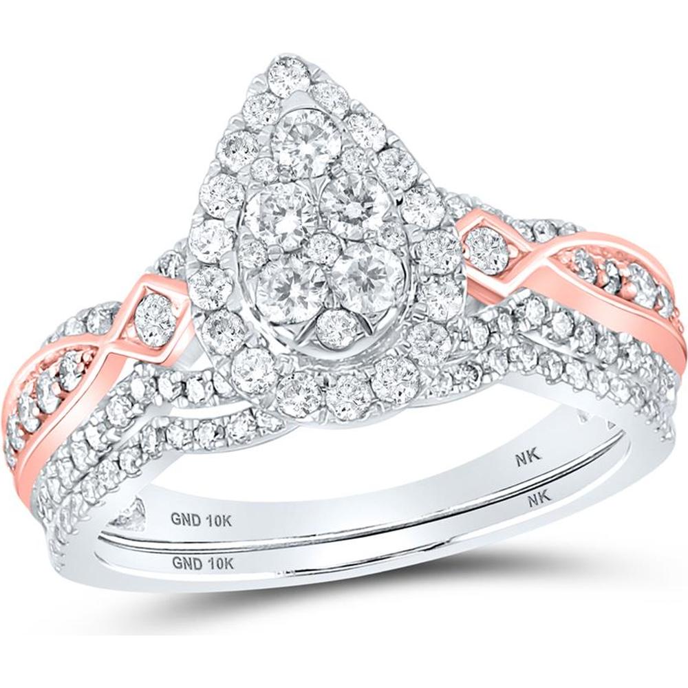 10K Two-Tone Gold Round Diamond Teardrop Bridal Wedding Ring Set - 1.03 Carat Total Diamond Weight