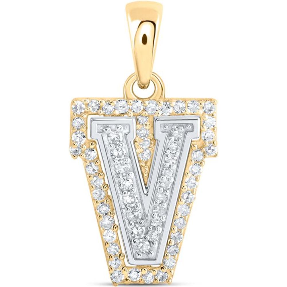 10K Two-Tone Gold V Initial Pendant with Prong-Set Round Diamonds - 1/6 Carat Total Weight