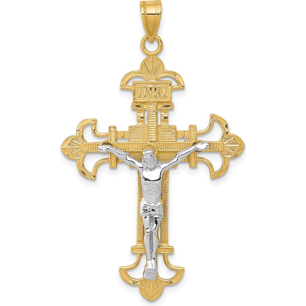 10K Two-Tone INRI Crucifix Pendant in Yellow and White Gold - 48mm Length