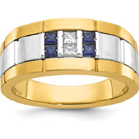 10K Two-Tone Men's Grooved Sapphire and Diamond Ring with 1/10 Carat A Quality Diamond by IBGoodman