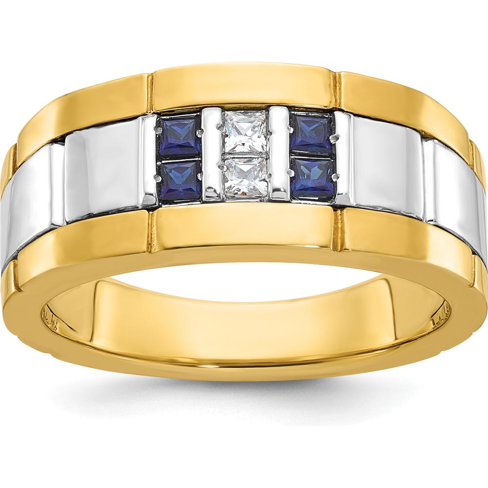10K Two-Tone Men's Grooved Sapphire and Diamond Ring with 1/10 Carat A Quality Diamond by IBGoodman