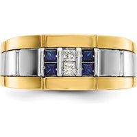 10K Two-Tone Men's Grooved Sapphire and Diamond Ring with 1/10 Carat A Quality Diamond by IBGoodman