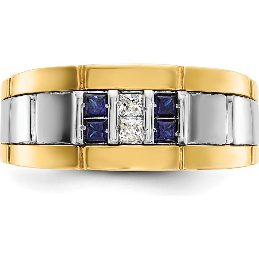 10K Two-Tone Men's Grooved Sapphire and Diamond Ring with 1/10 Carat A Quality Diamond by IBGoodman