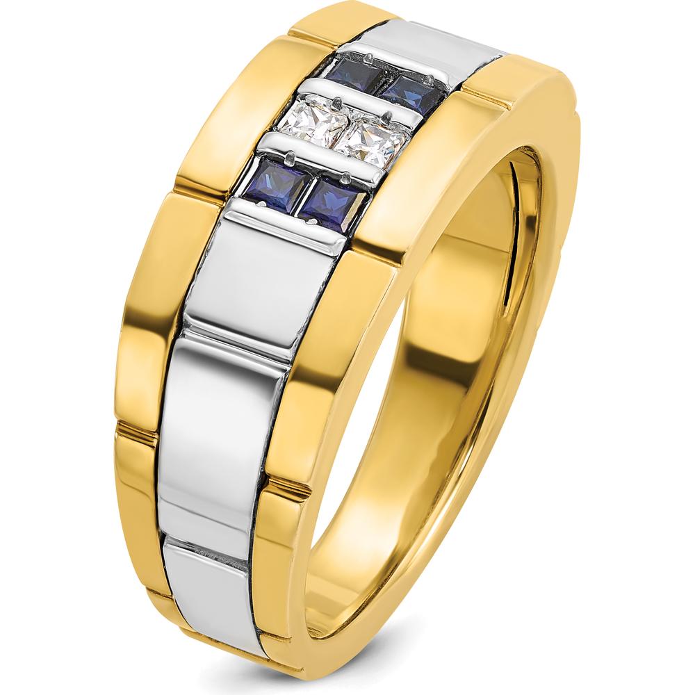 10K Two-Tone Men's Grooved Sapphire and Diamond Ring with 1/10 Carat A Quality Diamond by IBGoodman