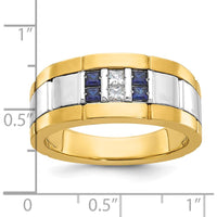 10K Two-Tone Men's Grooved Sapphire and Diamond Ring with 1/10 Carat A Quality Diamond by IBGoodman
