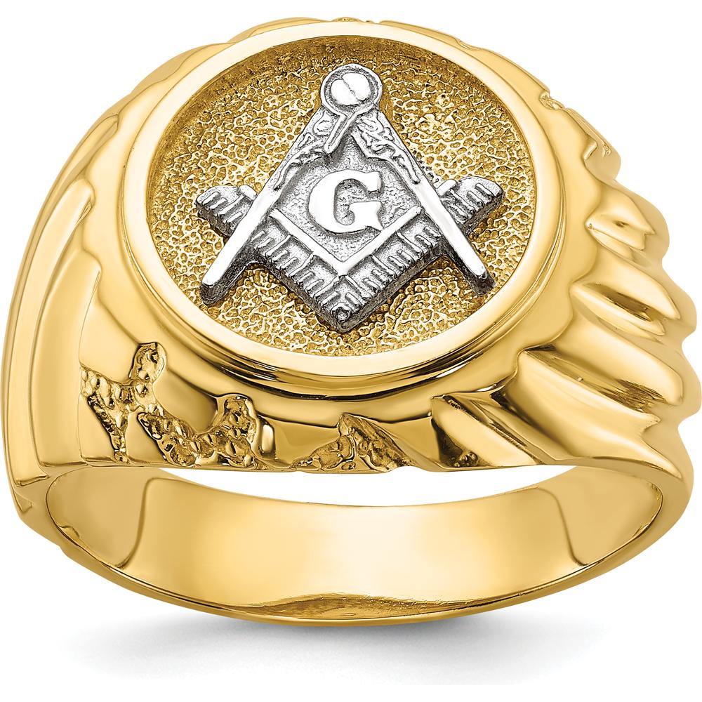 10K Two-Tone Men's Polished and Textured Masonic Ring with Masonic Symbol