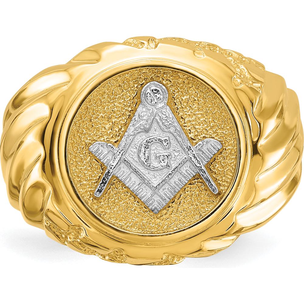 10K Two-Tone Men's Polished and Textured Masonic Ring with Masonic Symbol