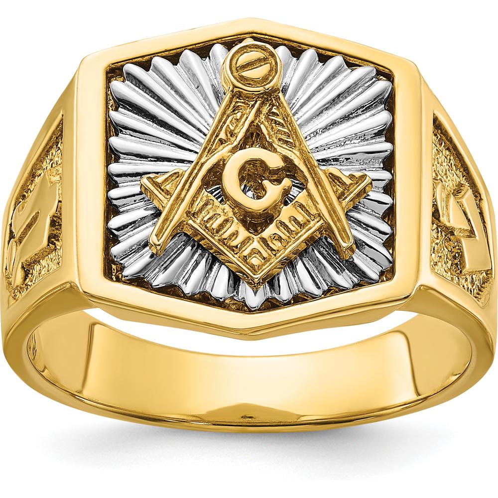 10K Two-Tone Men's Polished and Textured Sun Ray Lodge Master Masonic Ring - 15.7mm Band Width by IBGoodman